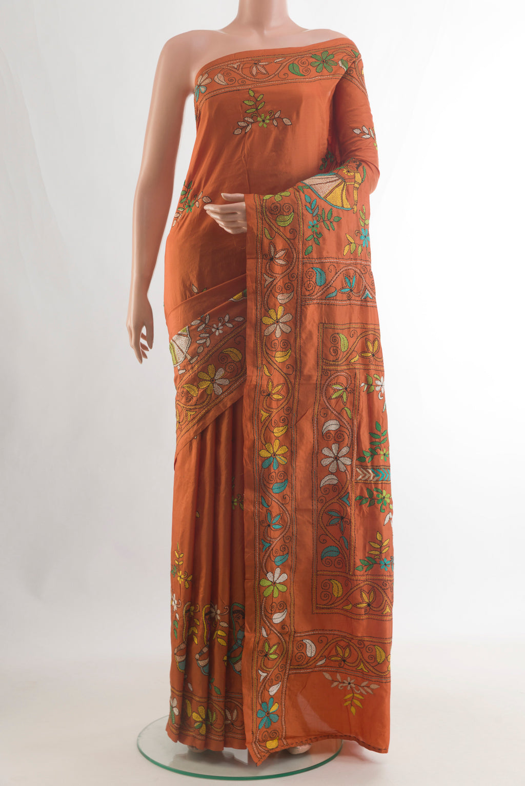 Pure Silk Rust Kantha Saree with Kantha Work on the body and Embroidery Border.  displayed on a mannequin