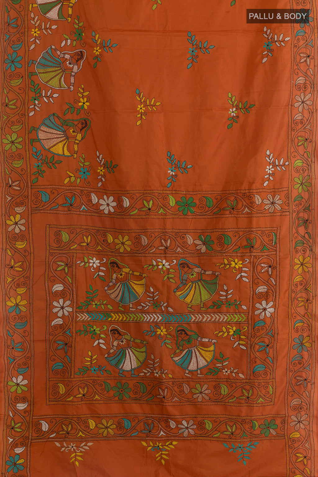 Flat view of Pure Silk Rust Kantha Saree with Kantha Work on the body and Embroidery Border. 