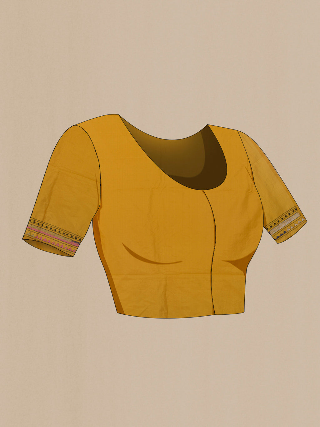 Close up image of the blouse of Pure Silk Yellow Kantha Saree with Kantha Work on the body and Embroidery Border. 