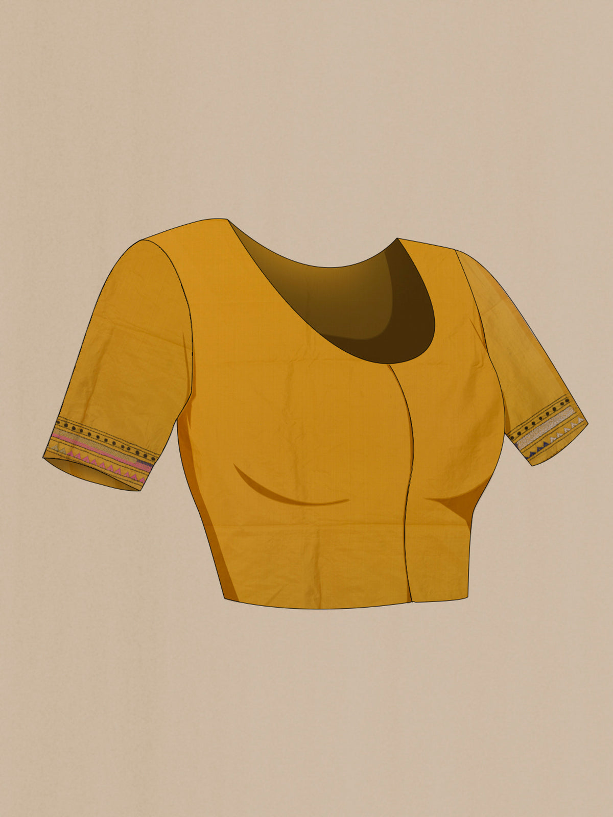 Close up image of the blouse of Pure Silk Yellow Kantha Saree with Kantha Work on the body and Embroidery Border. 