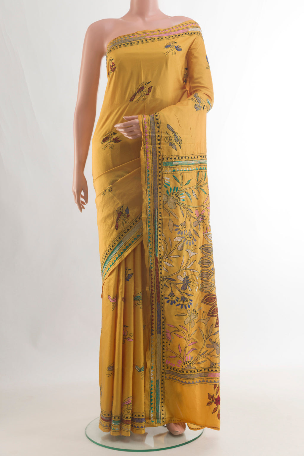 Pure Silk Yellow Kantha Saree with Kantha Work on the body and Embroidery Border.  displayed on a mannequin
