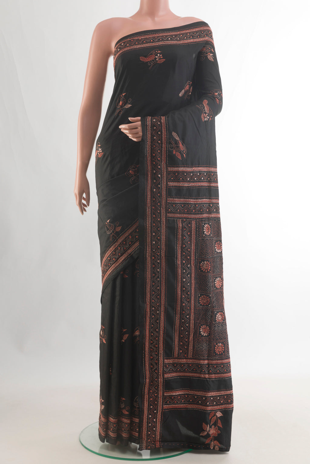Pure Silk Black Kantha Saree with Kantha Work on the body and Embroidery Border.  displayed on a mannequin