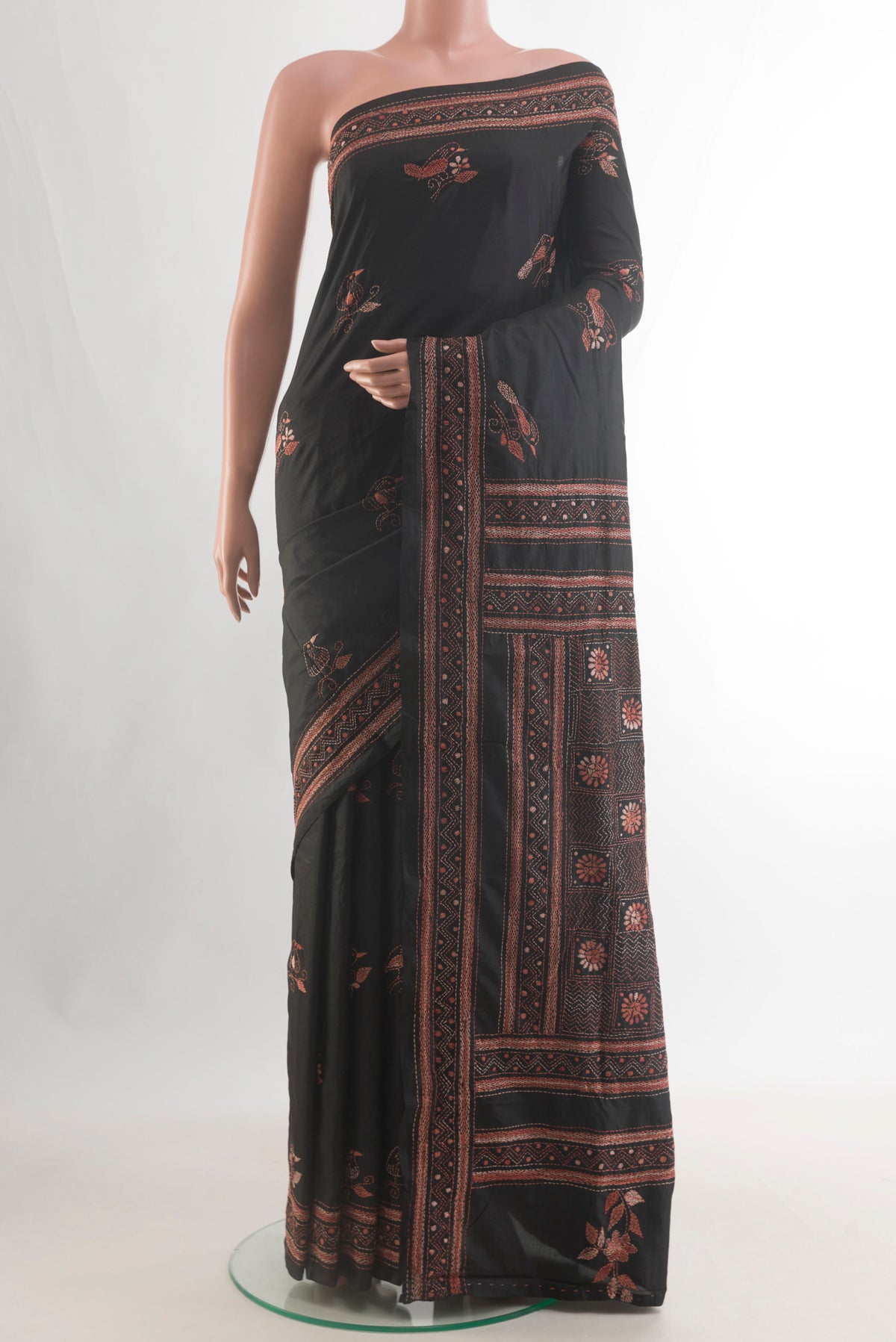 Pure Silk Black Kantha Saree with Kantha Work on the body and Embroidery Border.  displayed on a mannequin