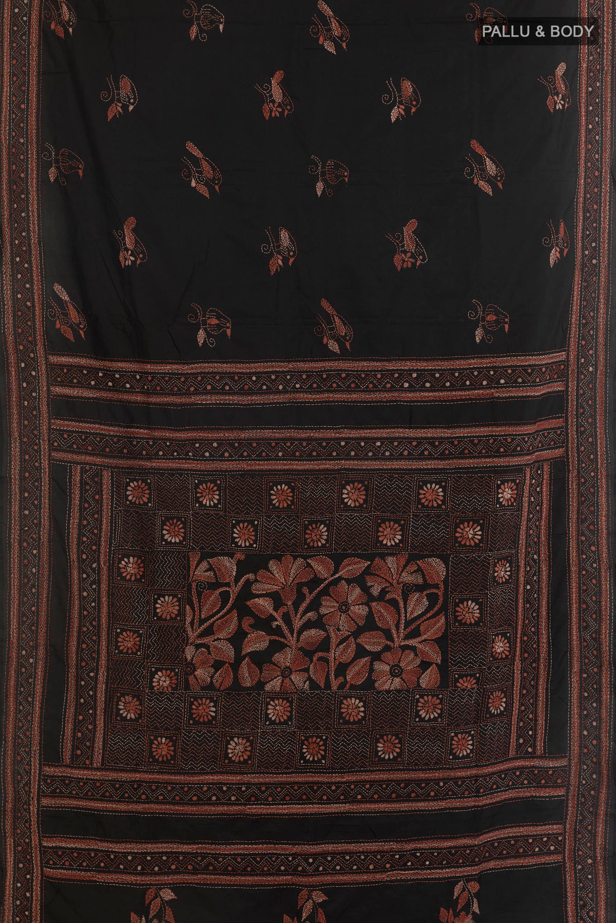Flat view of Pure Silk Black Kantha Saree with Kantha Work on the body and Embroidery Border. 