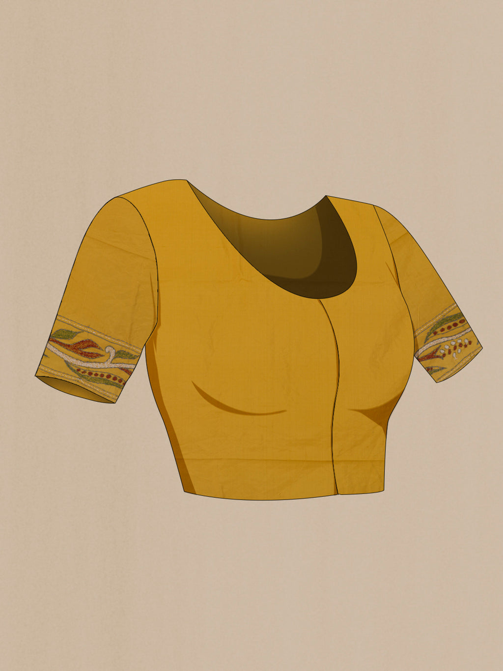 Close up image of the blouse of Pure Silk Yellow Kantha Saree with Kantha Work on the body and Embroidery Border. 
