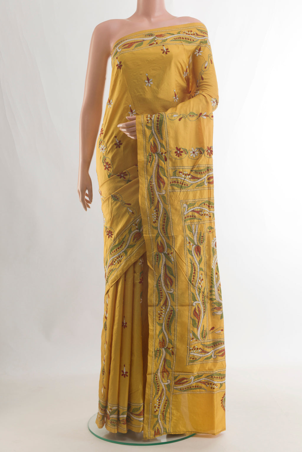 Pure Silk Yellow Kantha Saree with Kantha Work on the body and Embroidery Border.  displayed on a mannequin