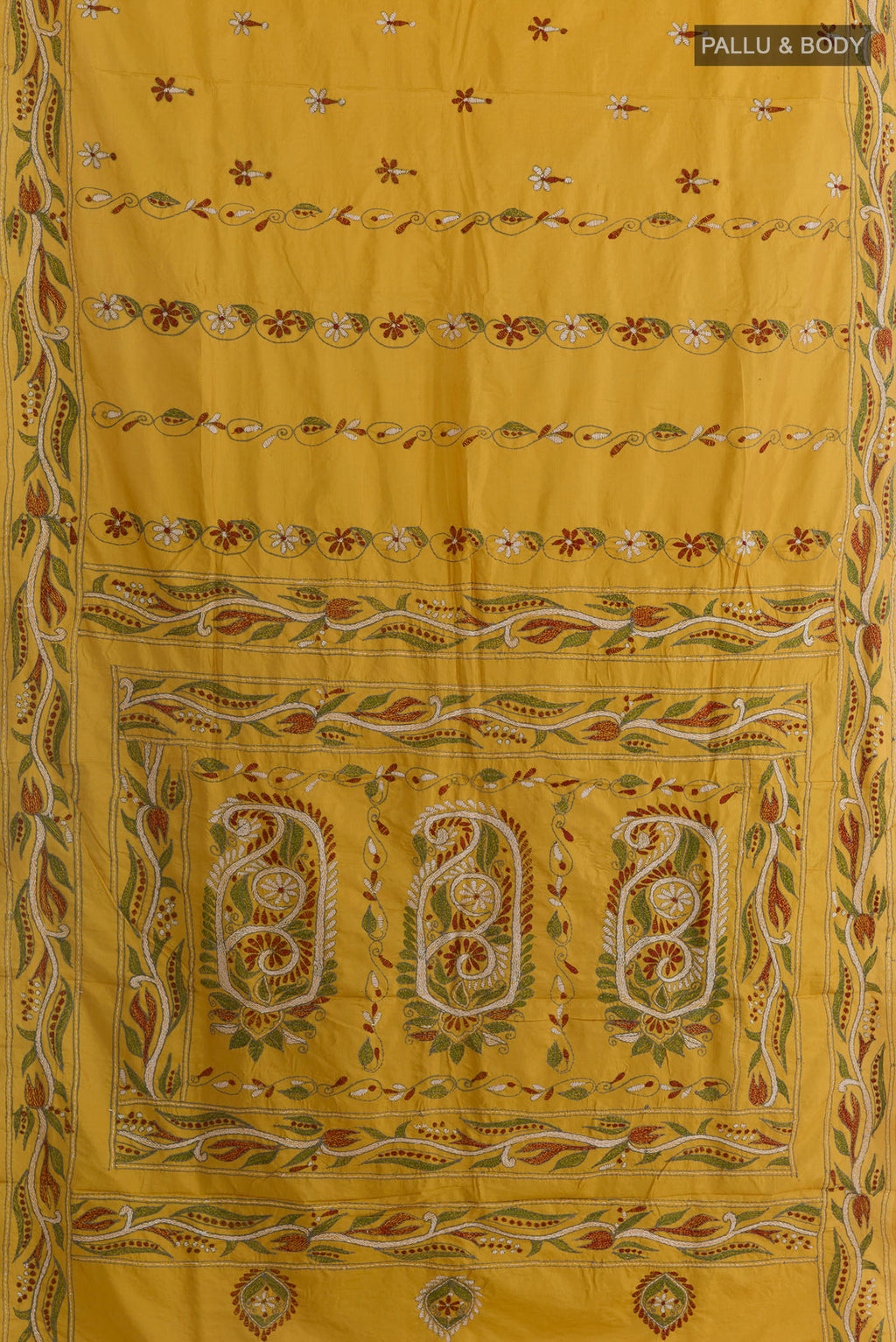 Flat view of Pure Silk Yellow Kantha Saree with Kantha Work on the body and Embroidery Border. 