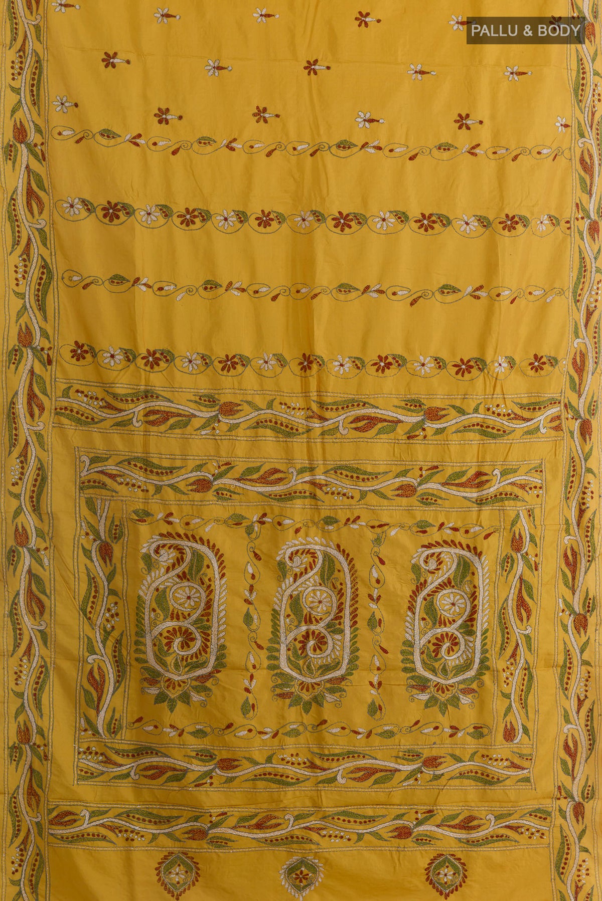 Flat view of Pure Silk Yellow Kantha Saree with Kantha Work on the body and Embroidery Border. 