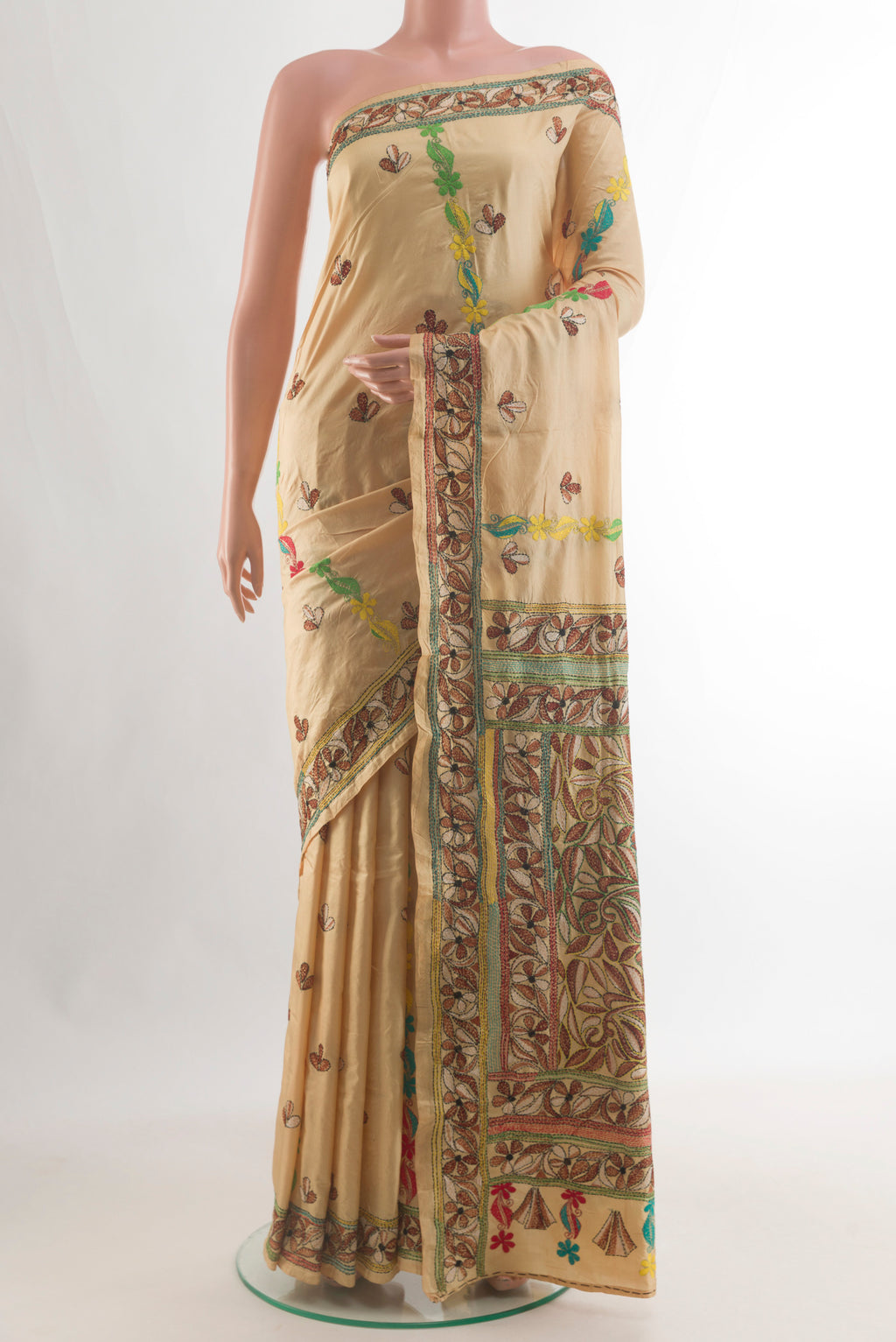 Pure Silk Cream Kantha Saree with Kantha Work on the body and Embroidery Border.  displayed on a mannequin