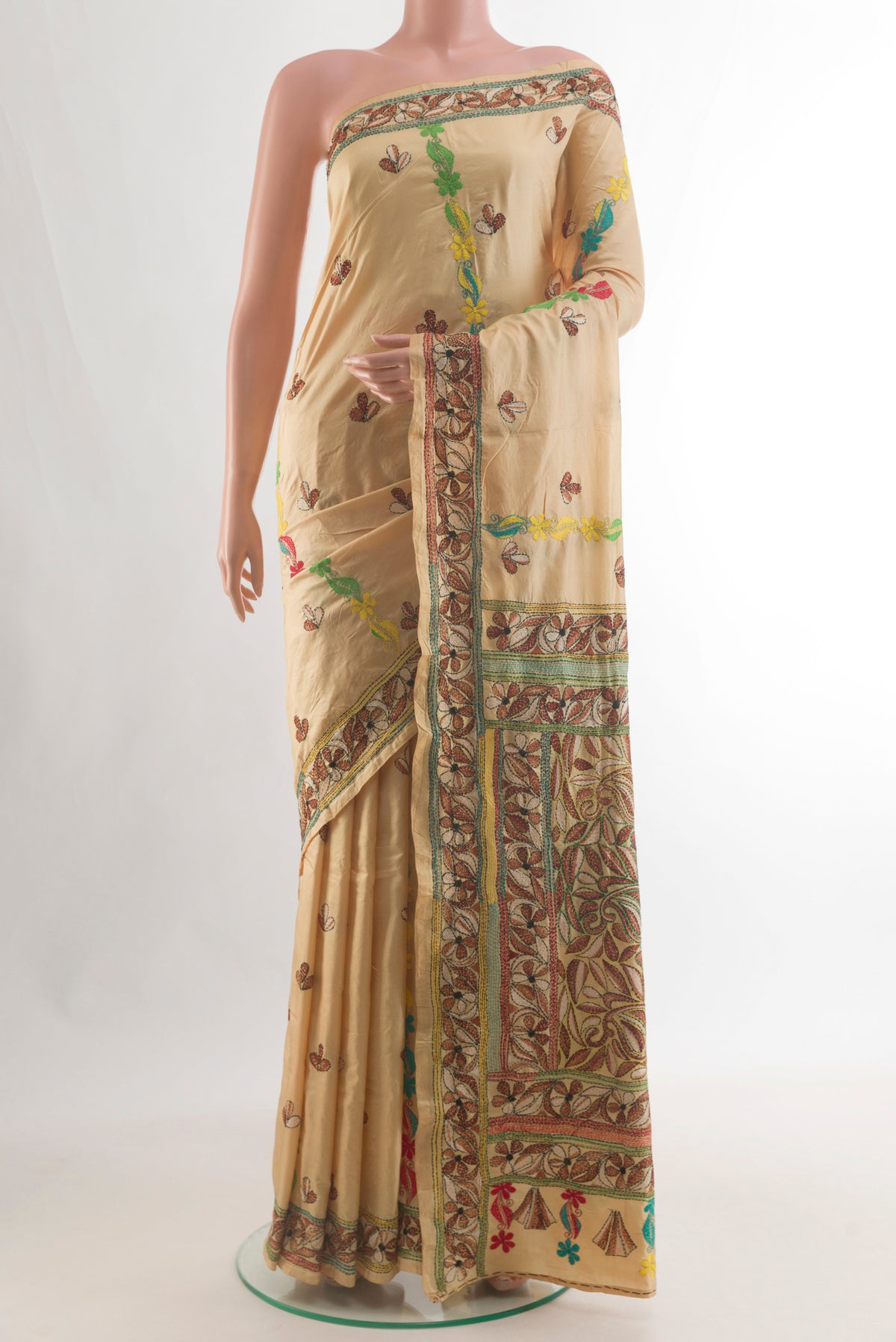 Pure Silk Cream Kantha Saree with Kantha Work on the body and Embroidery Border.  displayed on a mannequin