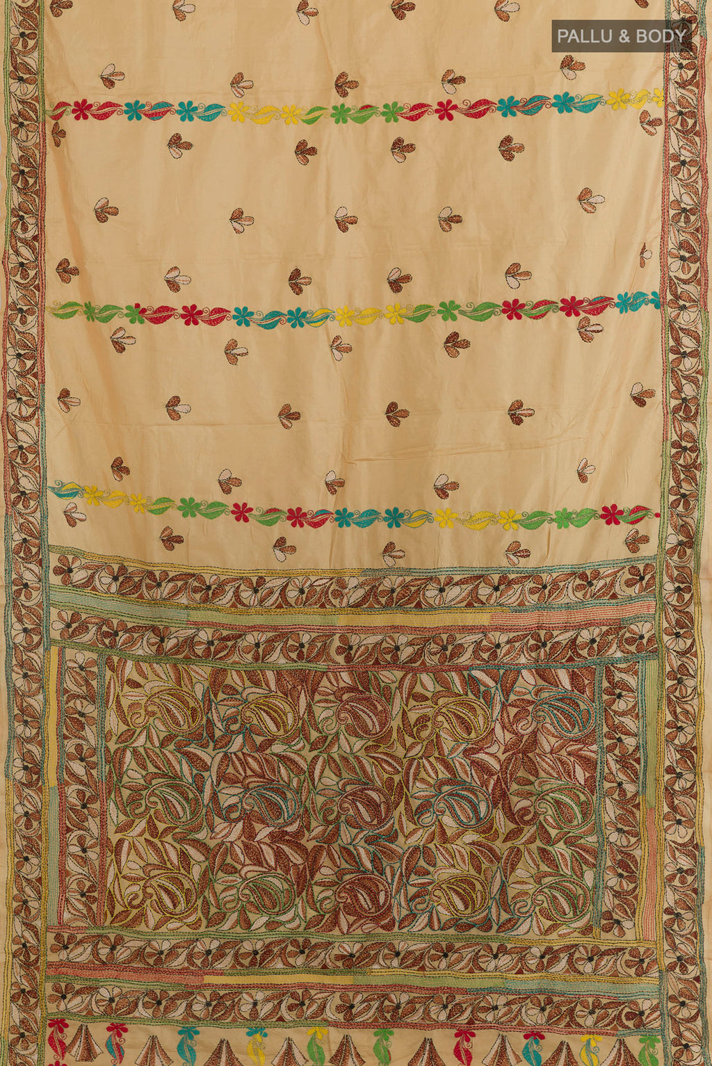 Flat view of Pure Silk Cream Kantha Saree with Kantha Work on the body and Embroidery Border. 
