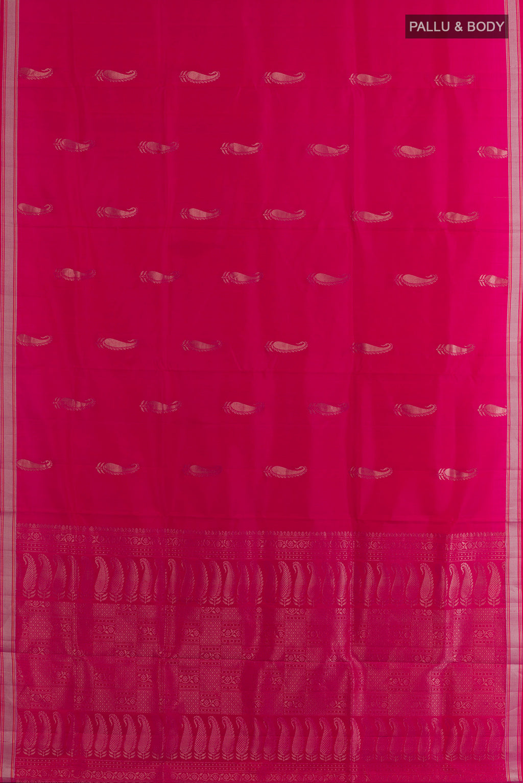 Flat view of Pure Silk Pink Soft Saree with Zari Butta on the body and Zari Border. 