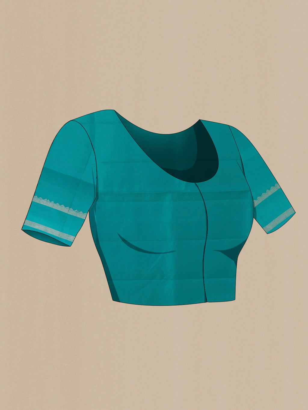 Close up image of the blouse of Pure Silk Turquoise Soft Saree with Zari Butta on the body and Zari Border. 