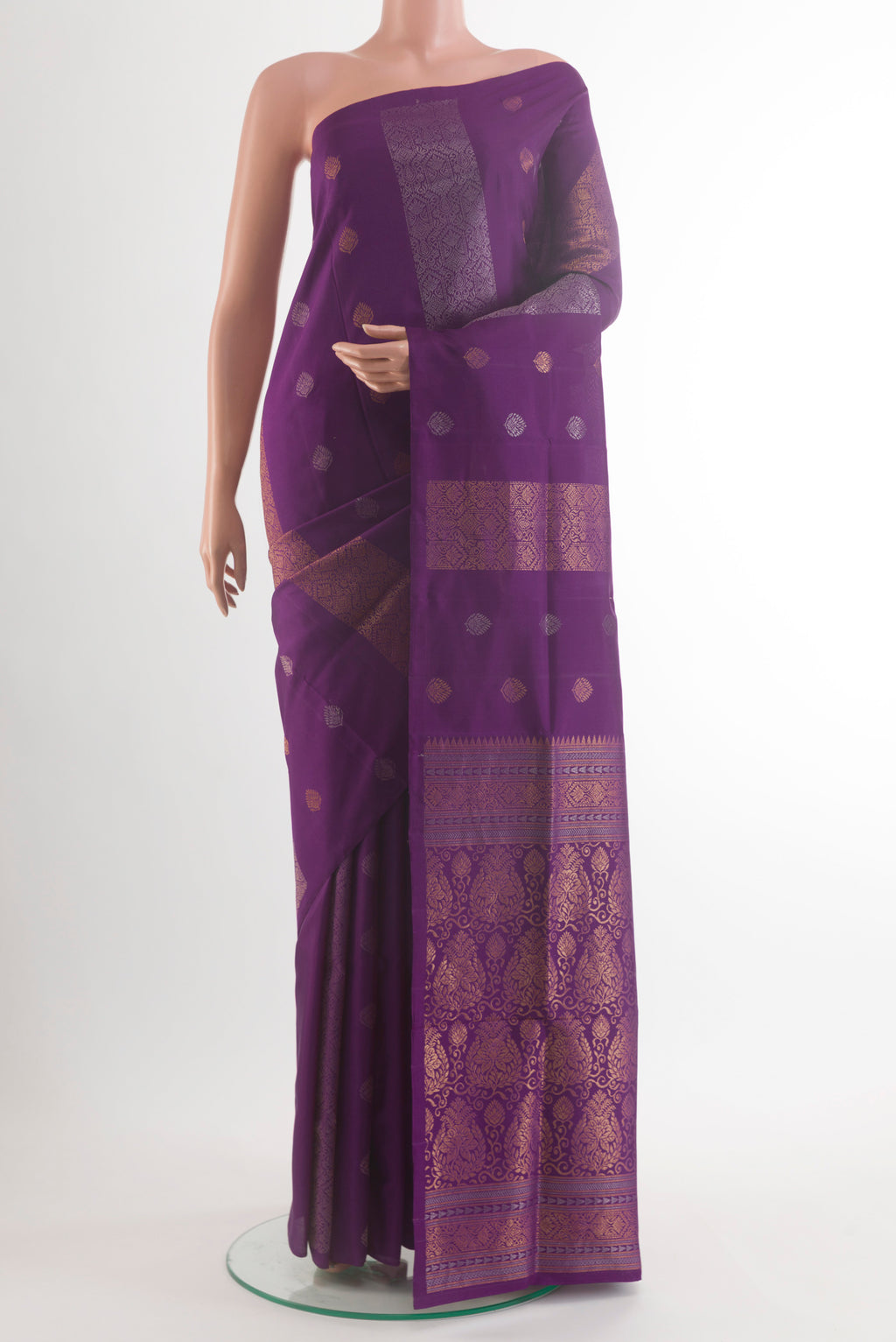Pure Silk Purple Soft Saree with Stripes on the body and Without Border.  displayed on a mannequin