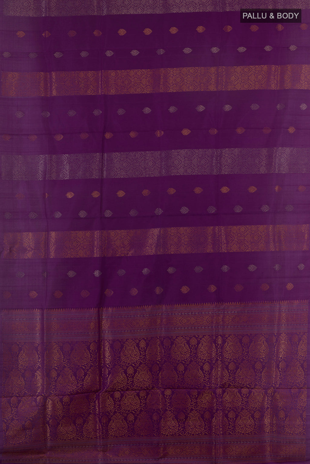 Flat view of Pure Silk Purple Soft Saree with Stripes on the body and Without Border. 