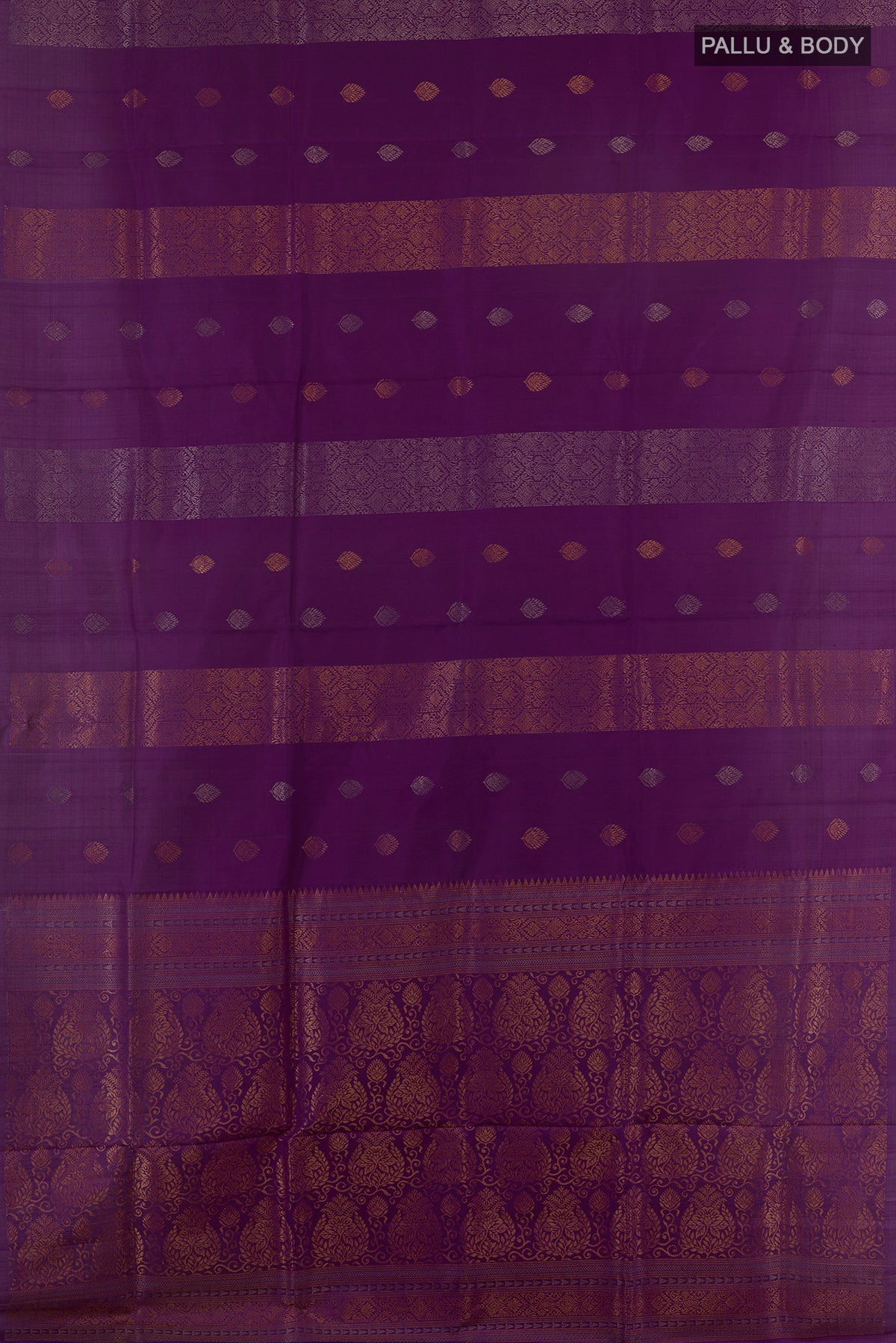 Flat view of Pure Silk Purple Soft Saree with Stripes on the body and Without Border. 