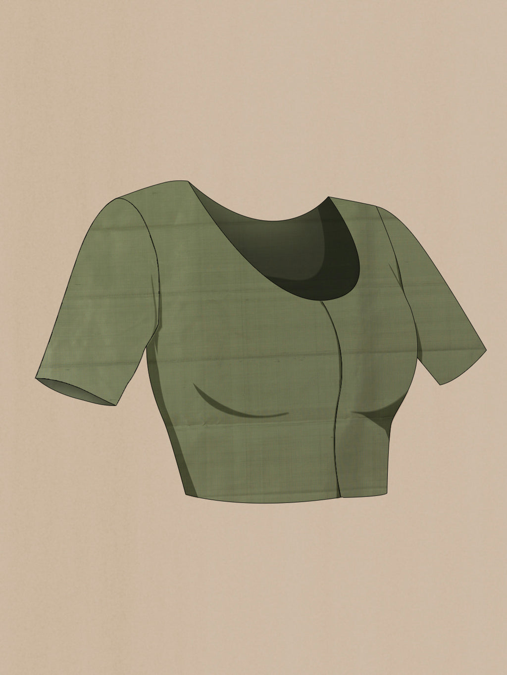 Close up image of the blouse of Pure Silk Olive Green Soft Saree with Stripes on the body and Without Border. 