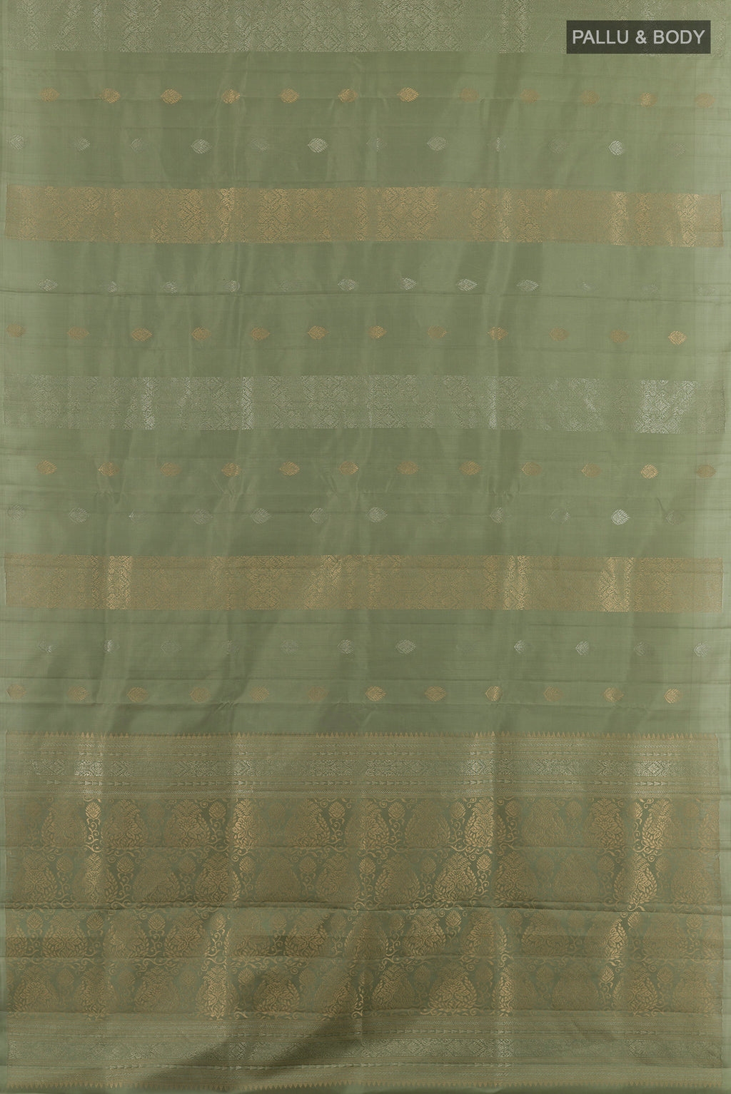 Flat view of Pure Silk Olive Green Soft Saree with Stripes on the body and Without Border. 