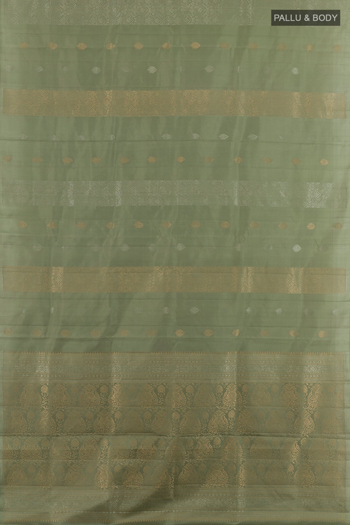 Flat view of Pure Silk Olive Green Soft Saree with Stripes on the body and Without Border. 