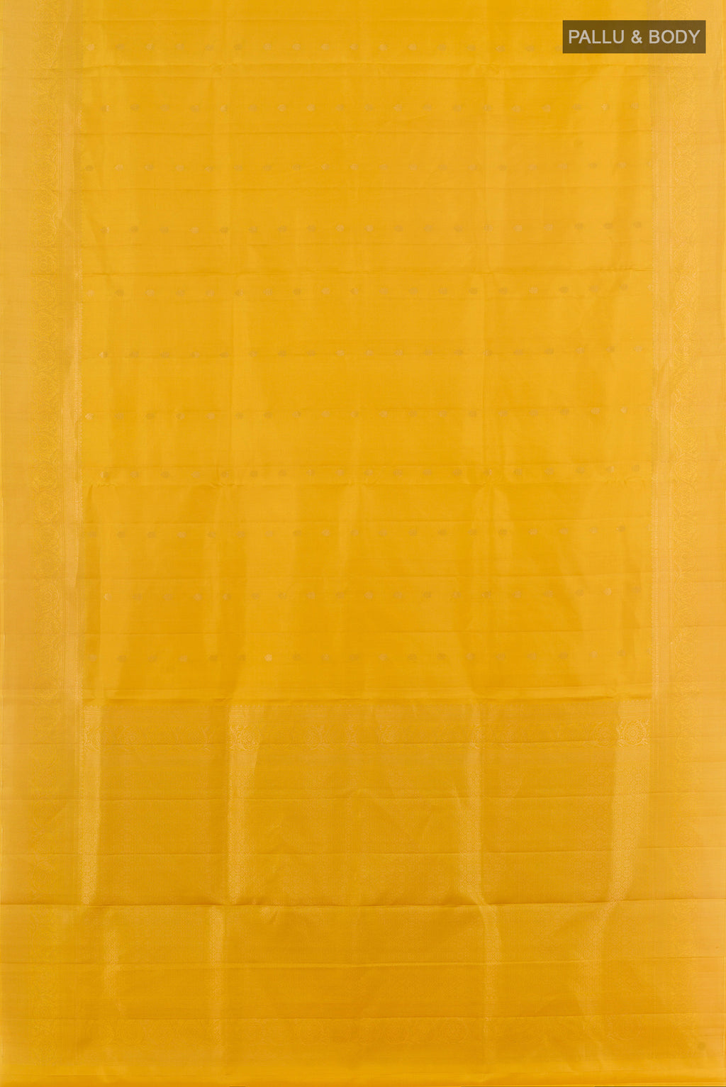 Flat view of Pure Silk Yellow Soft Saree with Zari Butta on the body and Zari Border. 