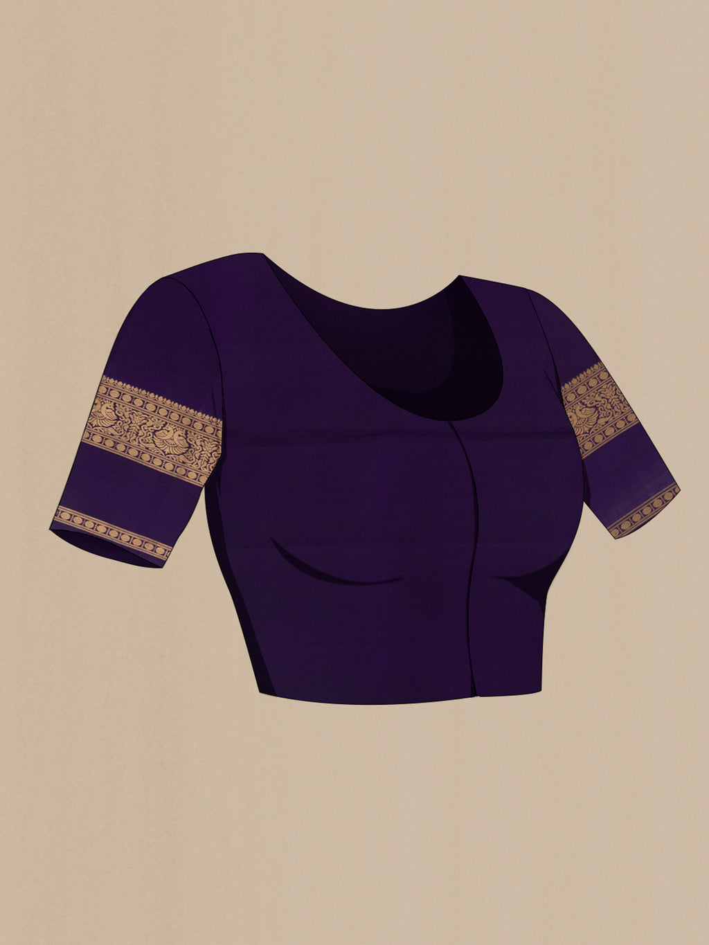 Close up image of the blouse of Pure Silk Navy Blue Soft Saree with Zari Butta on the body and Zari Border. 