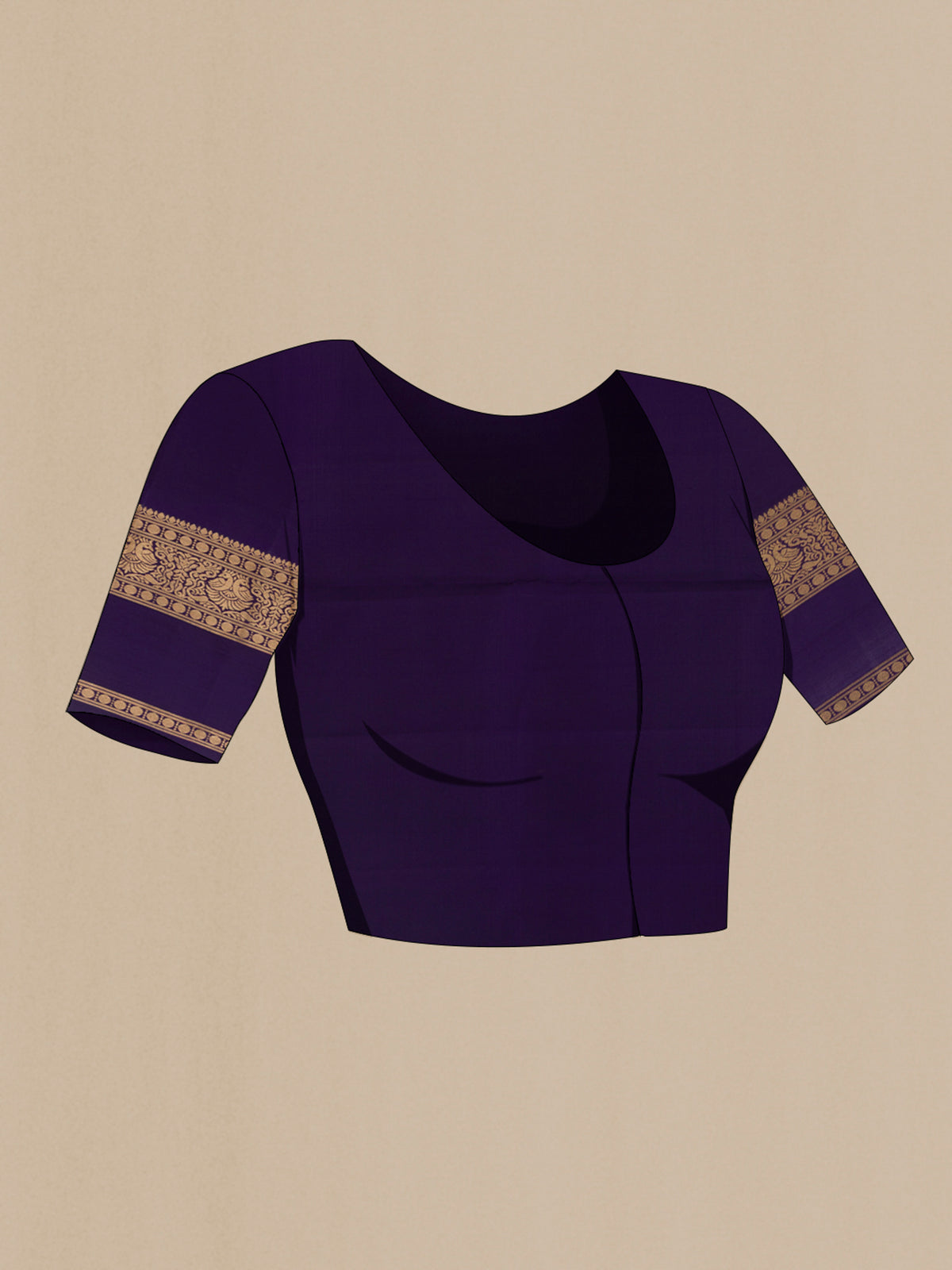 Close up image of the blouse of Pure Silk Navy Blue Soft Saree with Zari Butta on the body and Zari Border. 