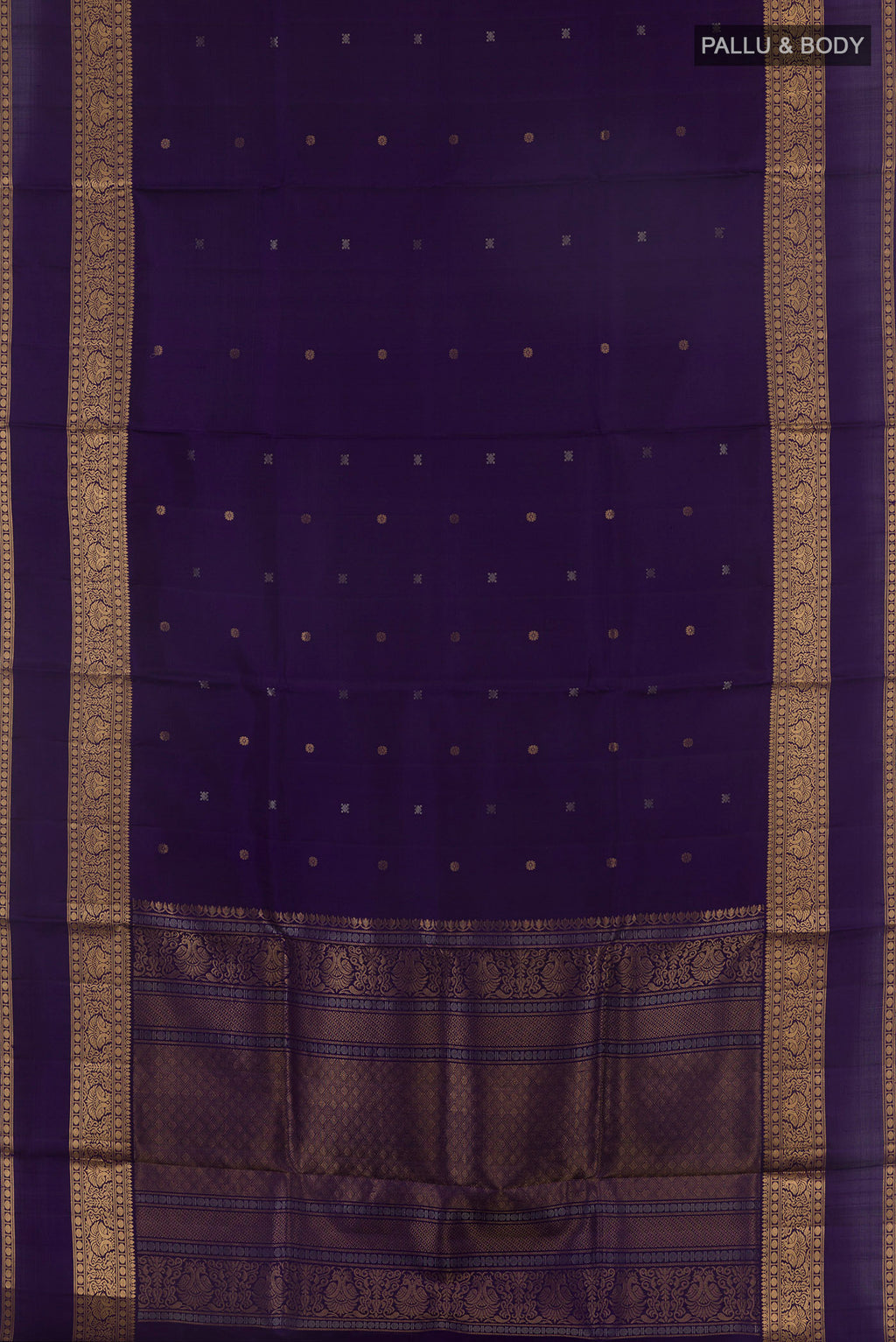 Flat view of Pure Silk Navy Blue Soft Saree with Zari Butta on the body and Zari Border. 