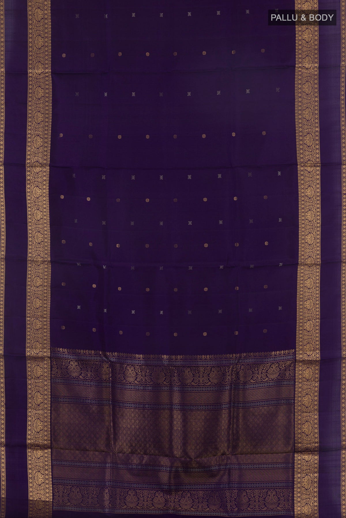 Flat view of Pure Silk Navy Blue Soft Saree with Zari Butta on the body and Zari Border. 