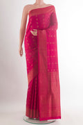 Pure Silk Dark Pink Soft Saree with Zari Butta on the body and Zari Border.  displayed on a mannequin