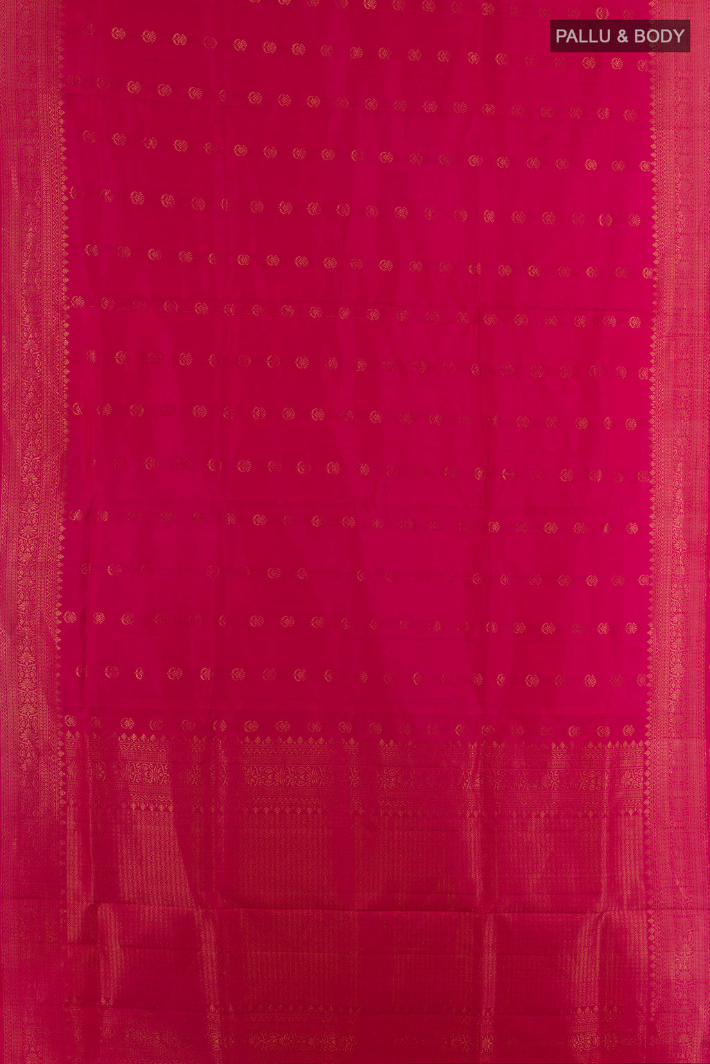 Flat view of Pure Silk Dark Pink Soft Saree with Zari Butta on the body and Zari Border. 