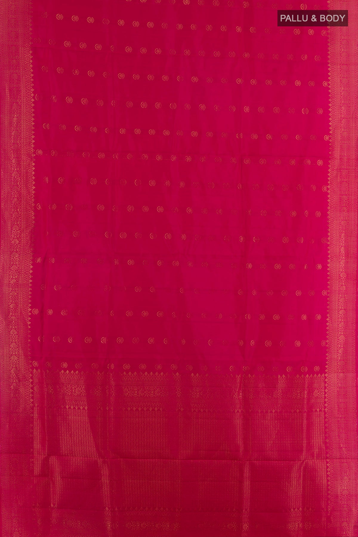 Flat view of Pure Silk Dark Pink Soft Saree with Zari Butta on the body and Zari Border. 