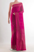 Pure Silk Pink Soft Saree with Zari Butta on the body and Zari Border.  displayed on a mannequin