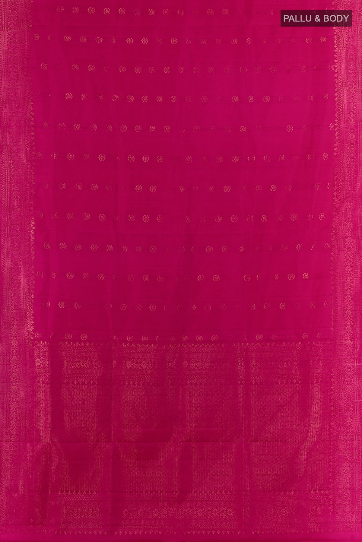 Flat view of Pure Silk Pink Soft Saree with Zari Butta on the body and Zari Border. 