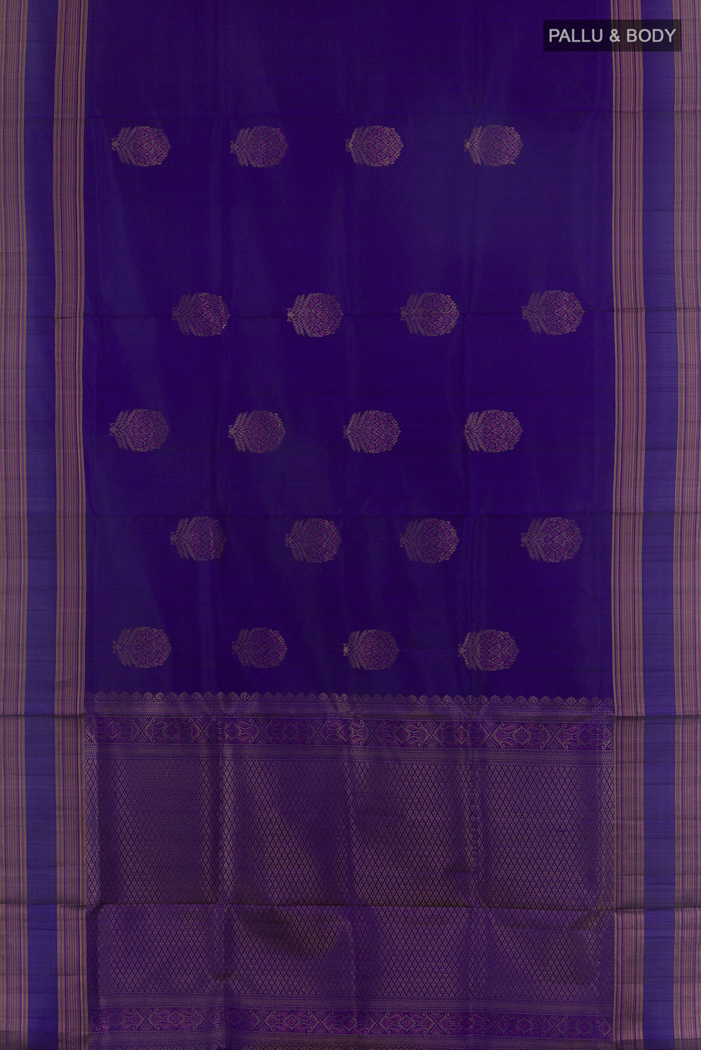 Flat view of Pure Silk Blue Soft Saree with Zari Butta on the body and Zari Border. 