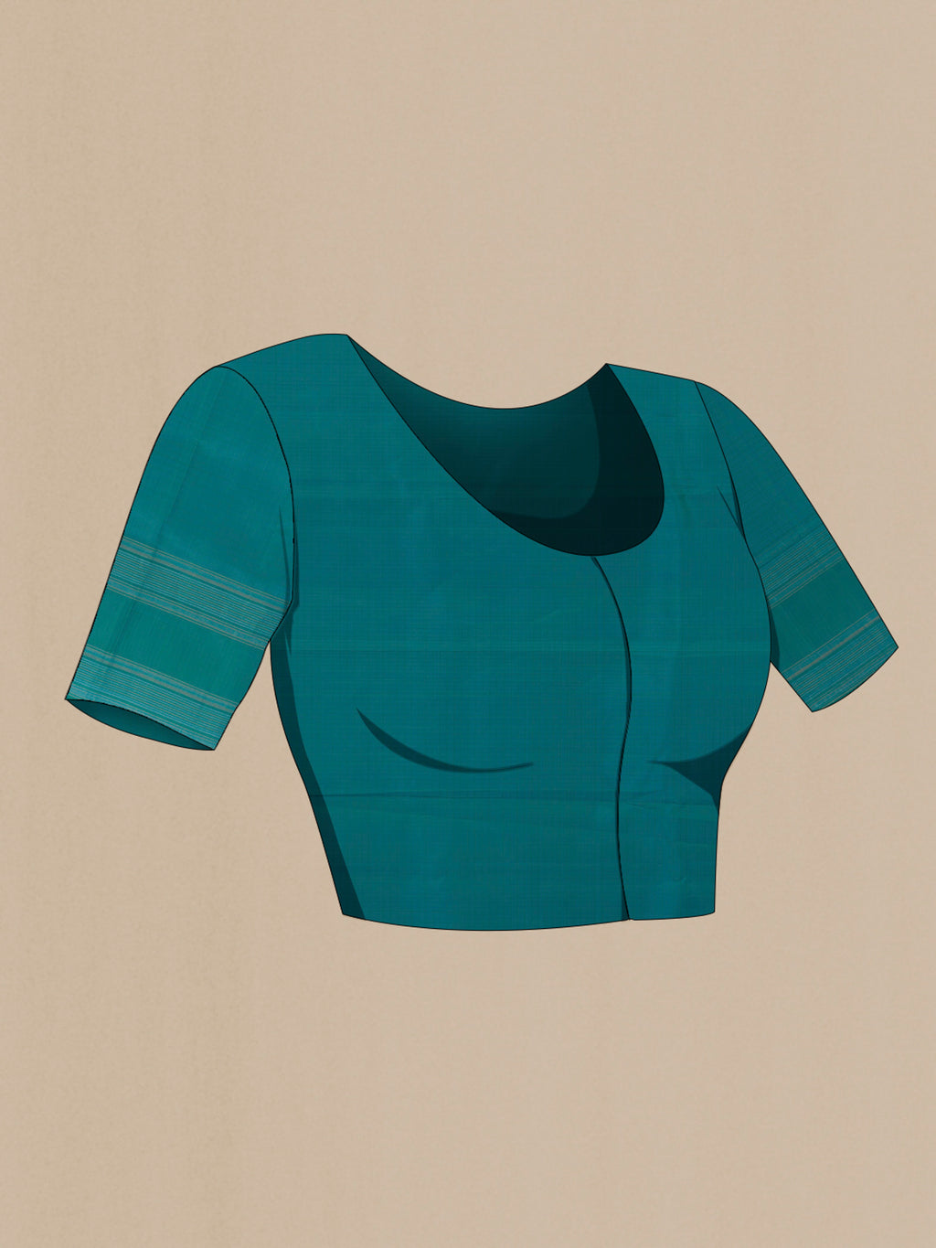 Close up image of the blouse of Pure Silk Turquoise Soft Saree with Zari Butta on the body and Zari Border. 