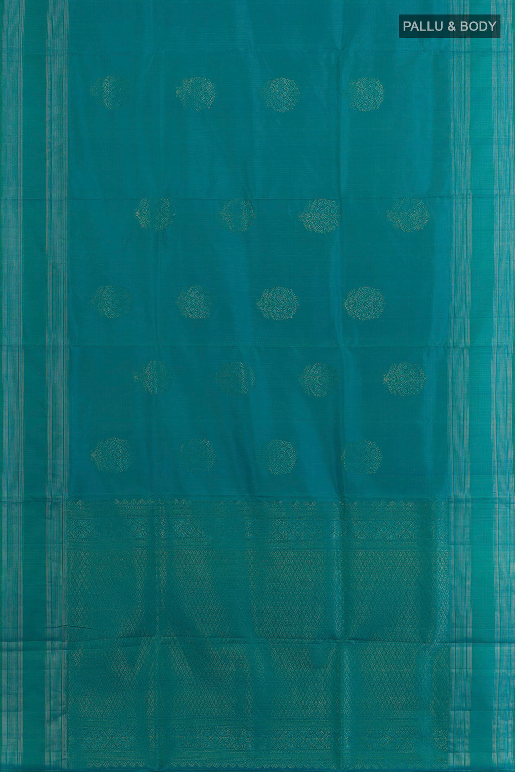 Flat view of Pure Silk Turquoise Soft Saree with Zari Butta on the body and Zari Border. 