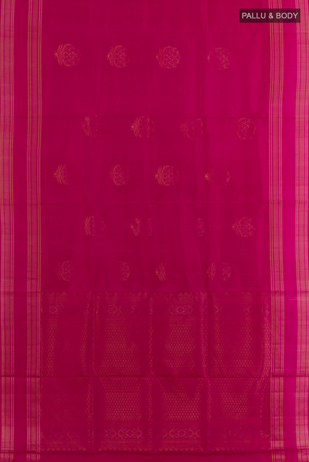 Flat view of Pure Silk Pink Soft Saree with Zari Butta on the body and Zari Border. 