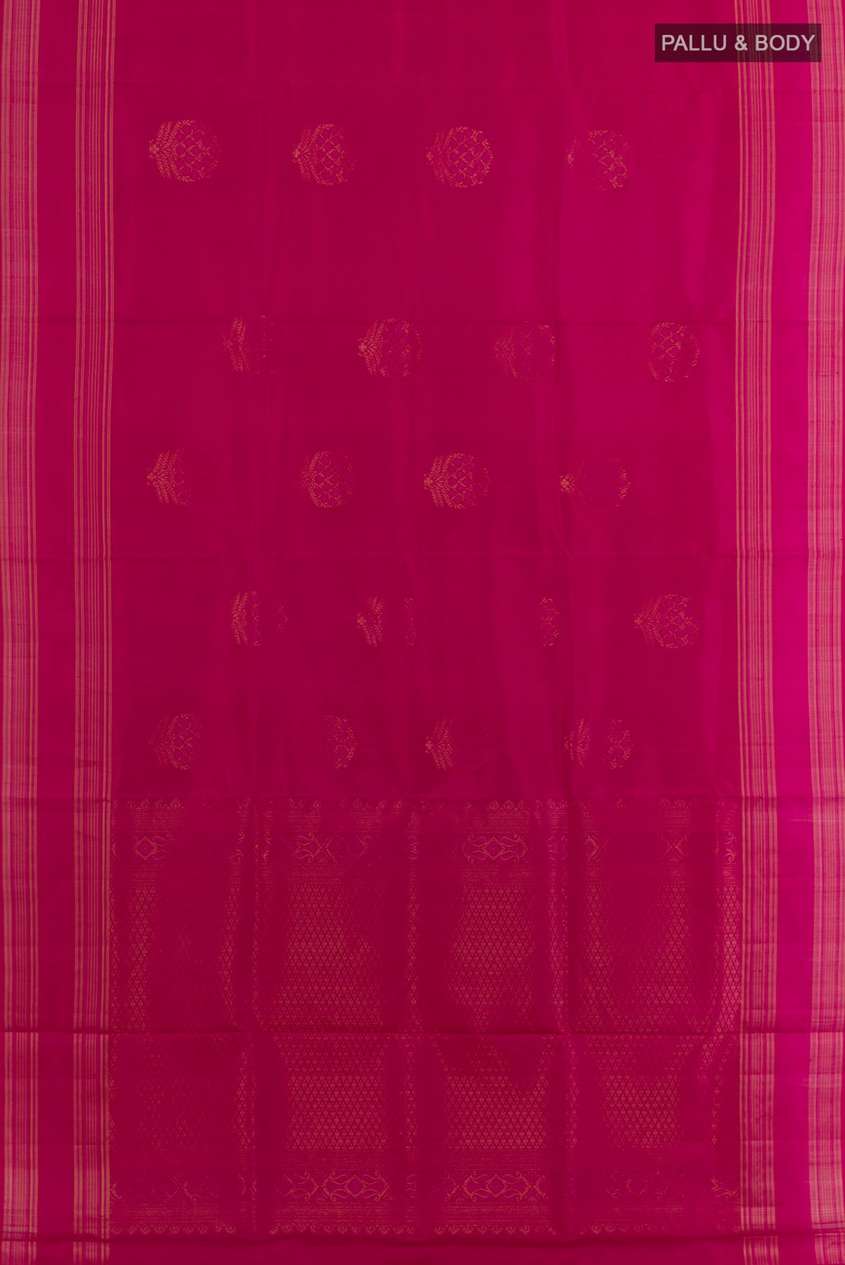 Flat view of Pure Silk Pink Soft Saree with Zari Butta on the body and Zari Border. 