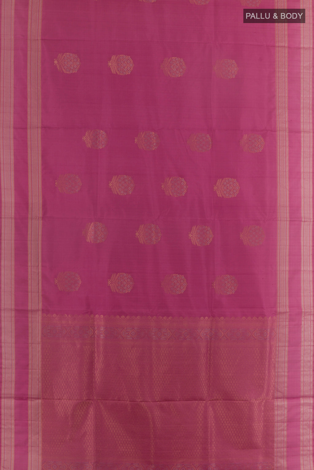 Flat view of Pure Silk Pink Soft Saree with Zari Butta on the body and Zari Border. 