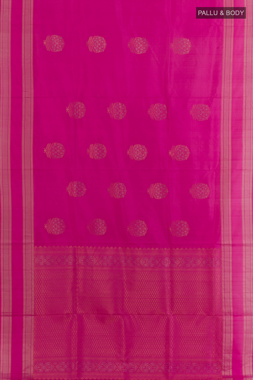 Flat view of Pure Silk Pink Soft Saree with Zari Butta on the body and Zari Border. 