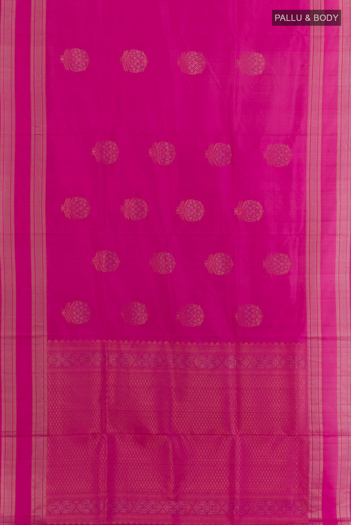 Flat view of Pure Silk Pink Soft Saree with Zari Butta on the body and Zari Border. 