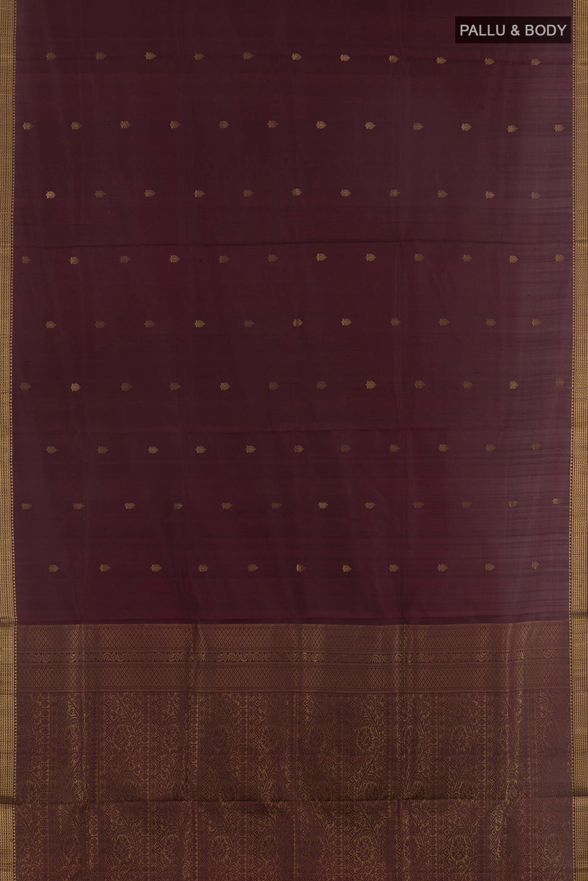 Flat view of Pure Silk Coffee Brown Soft Saree with Zari Butta on the body and Zari Border. 