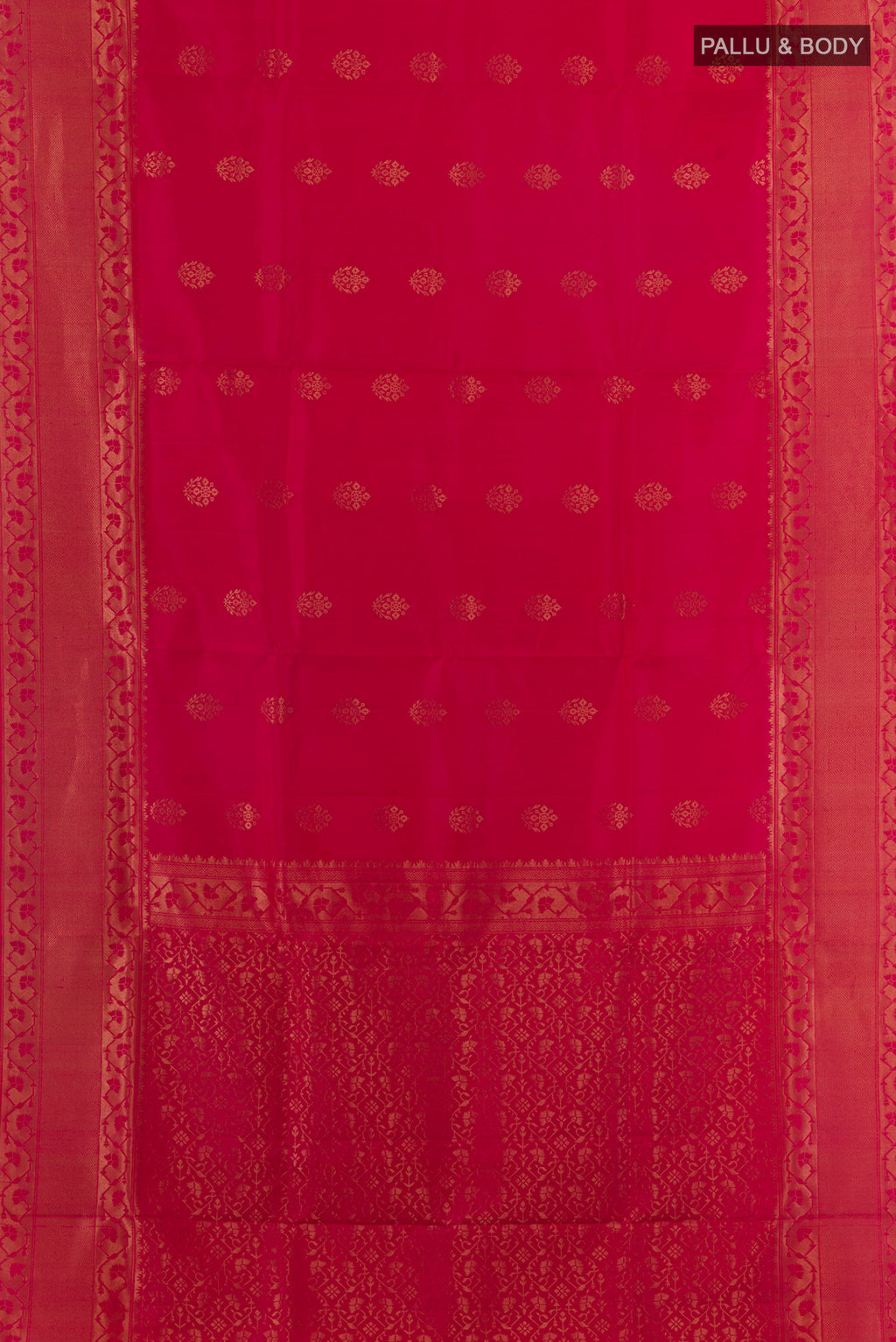 Flat view of Pure Silk Dark Pink Soft Saree with Zari Butta on the body and Zari Border. 