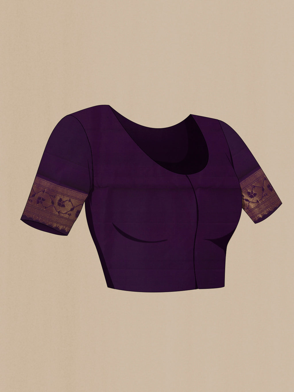 Close up image of the blouse of Pure Silk Purple Soft Saree with Zari Butta on the body and Zari Border. 