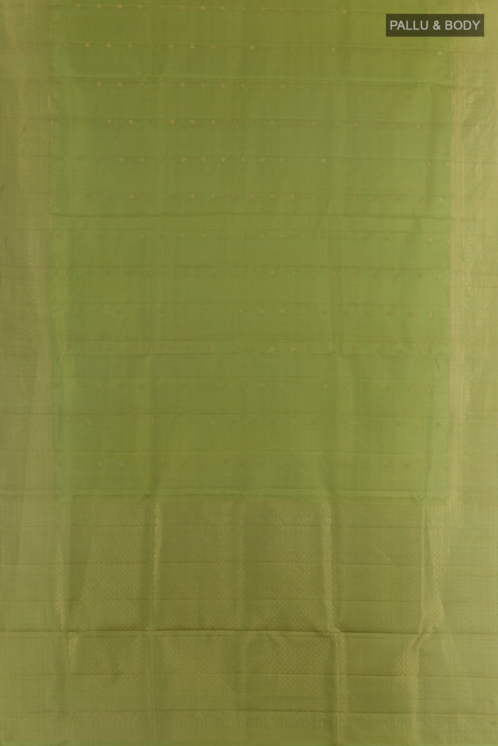 Flat view of Pure Silk Green Soft Saree with Zari Butta on the body and Zari Border. 