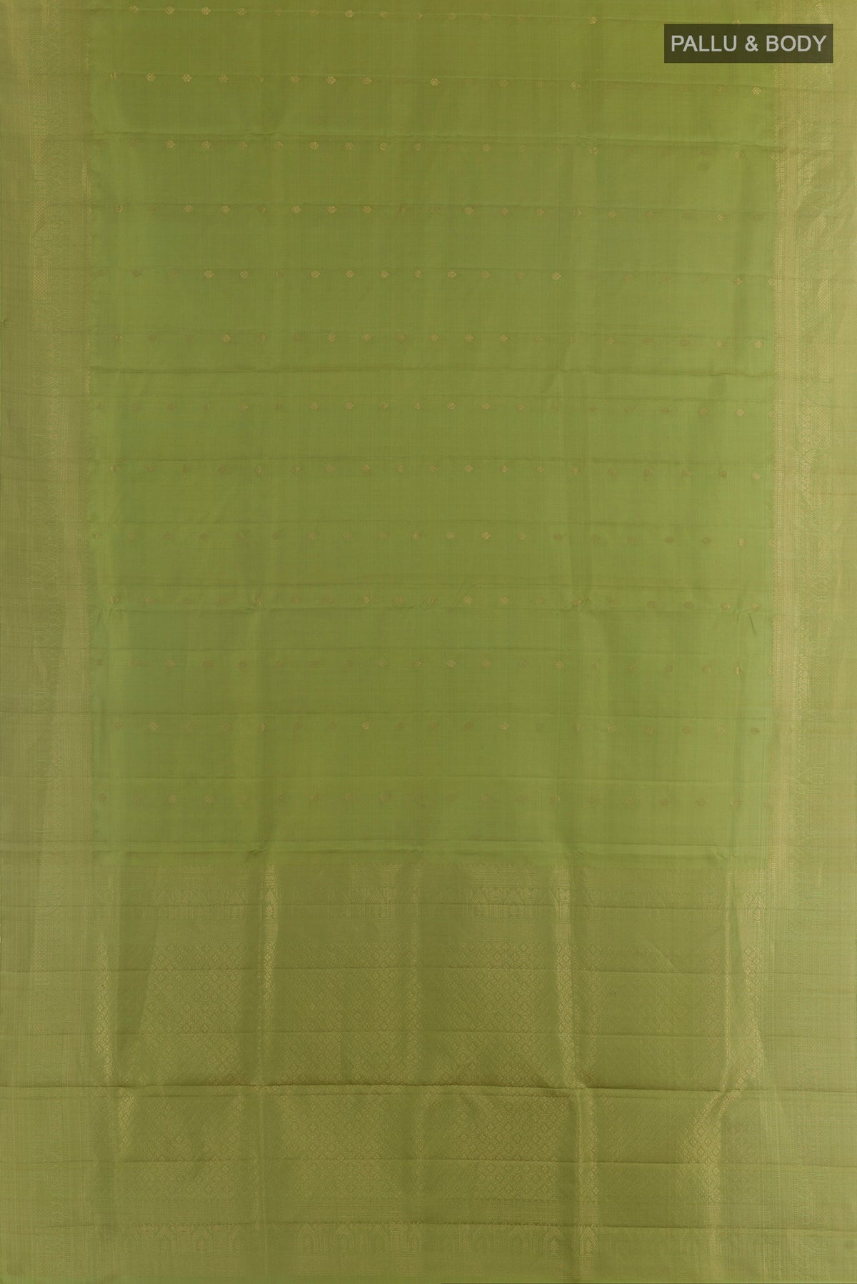 Flat view of Pure Silk Green Soft Saree with Zari Butta on the body and Zari Border. 