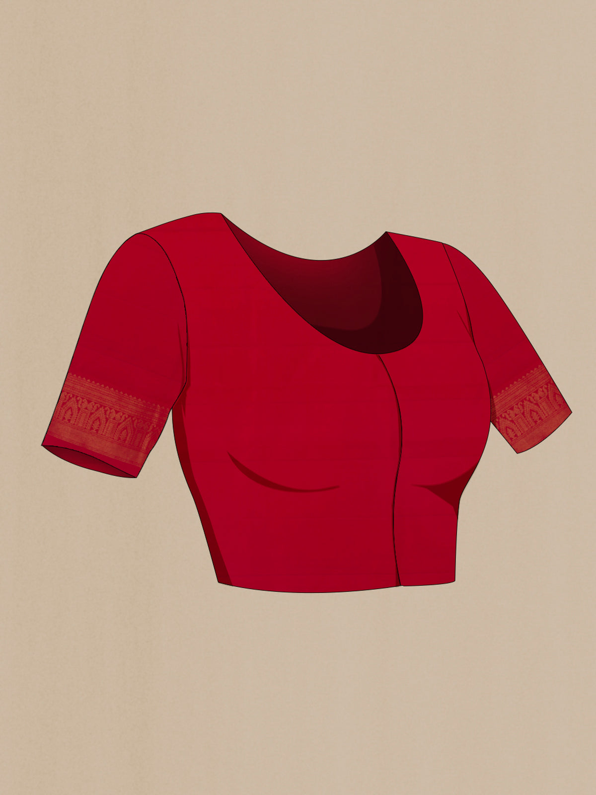 Close up image of the blouse of Pure Silk Red Soft Saree with Zari Butta on the body and Zari Border. 