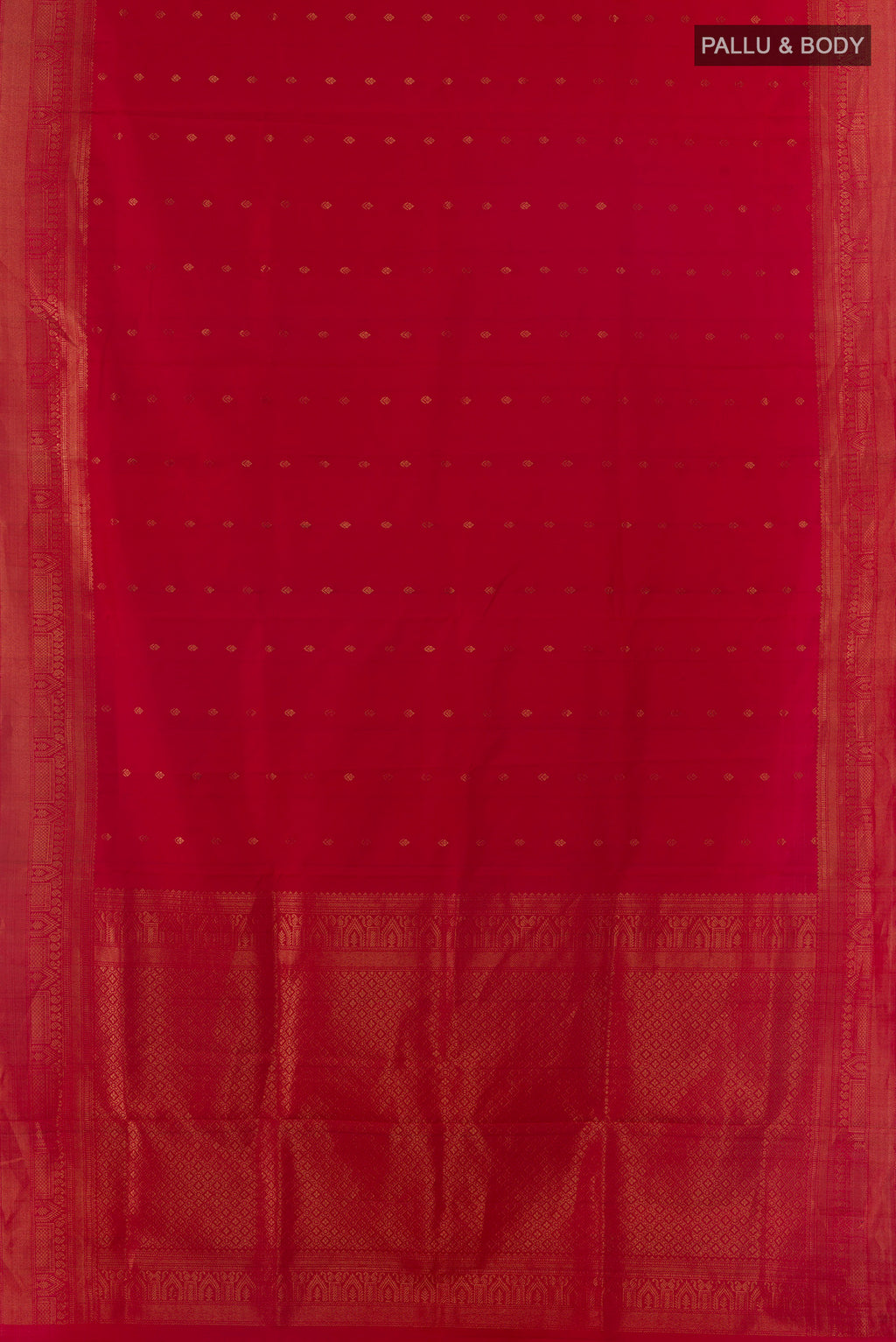 Flat view of Pure Silk Red Soft Saree with Zari Butta on the body and Zari Border. 
