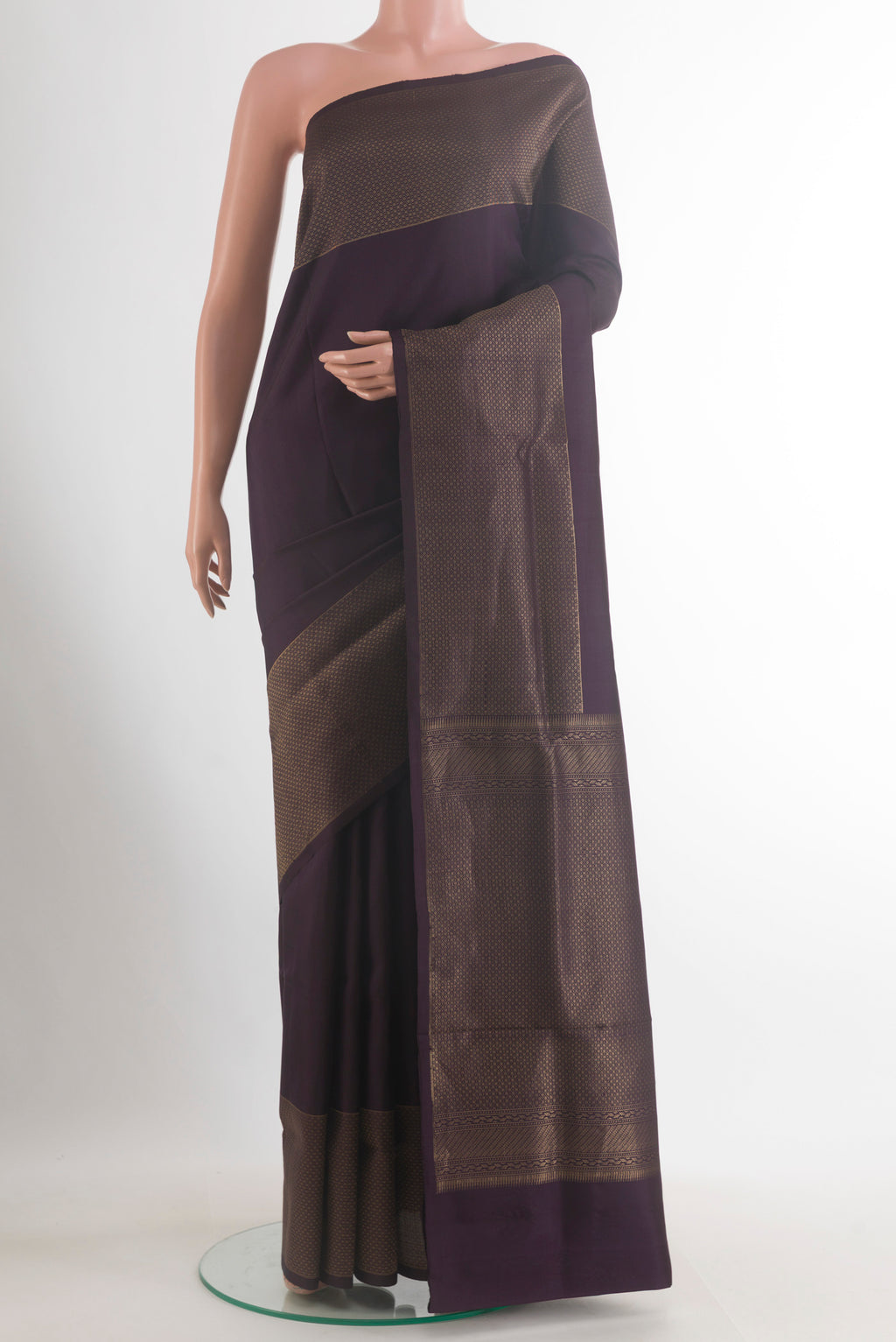Pure Silk Purple Soft Saree with Plain Body and Zari Border.  displayed on a mannequin