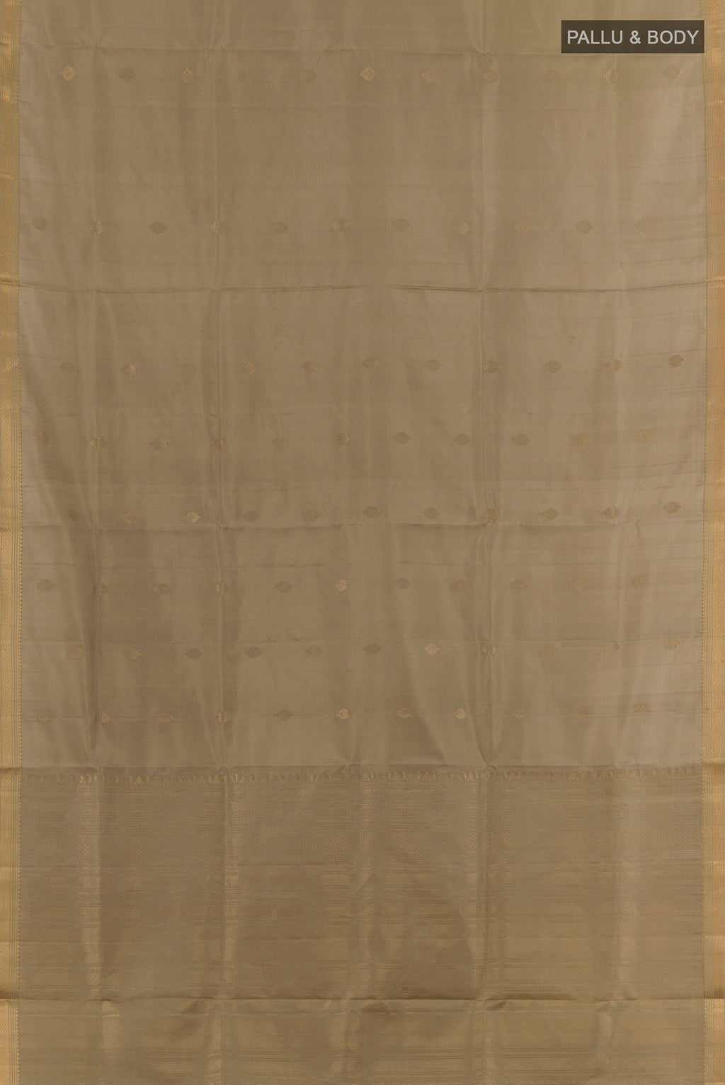 Flat view of Pure Silk Dark Beige Soft Saree with Zari Butta on the body and Zari Border. 